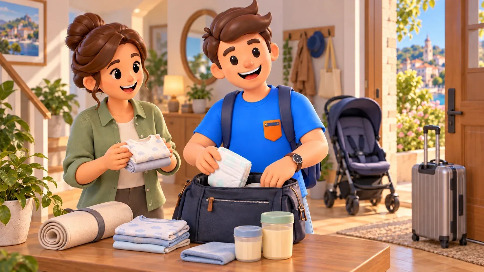 Reisende packen Windeln, Kleidung und Nahrung in eine Reisetasche für das Baby.