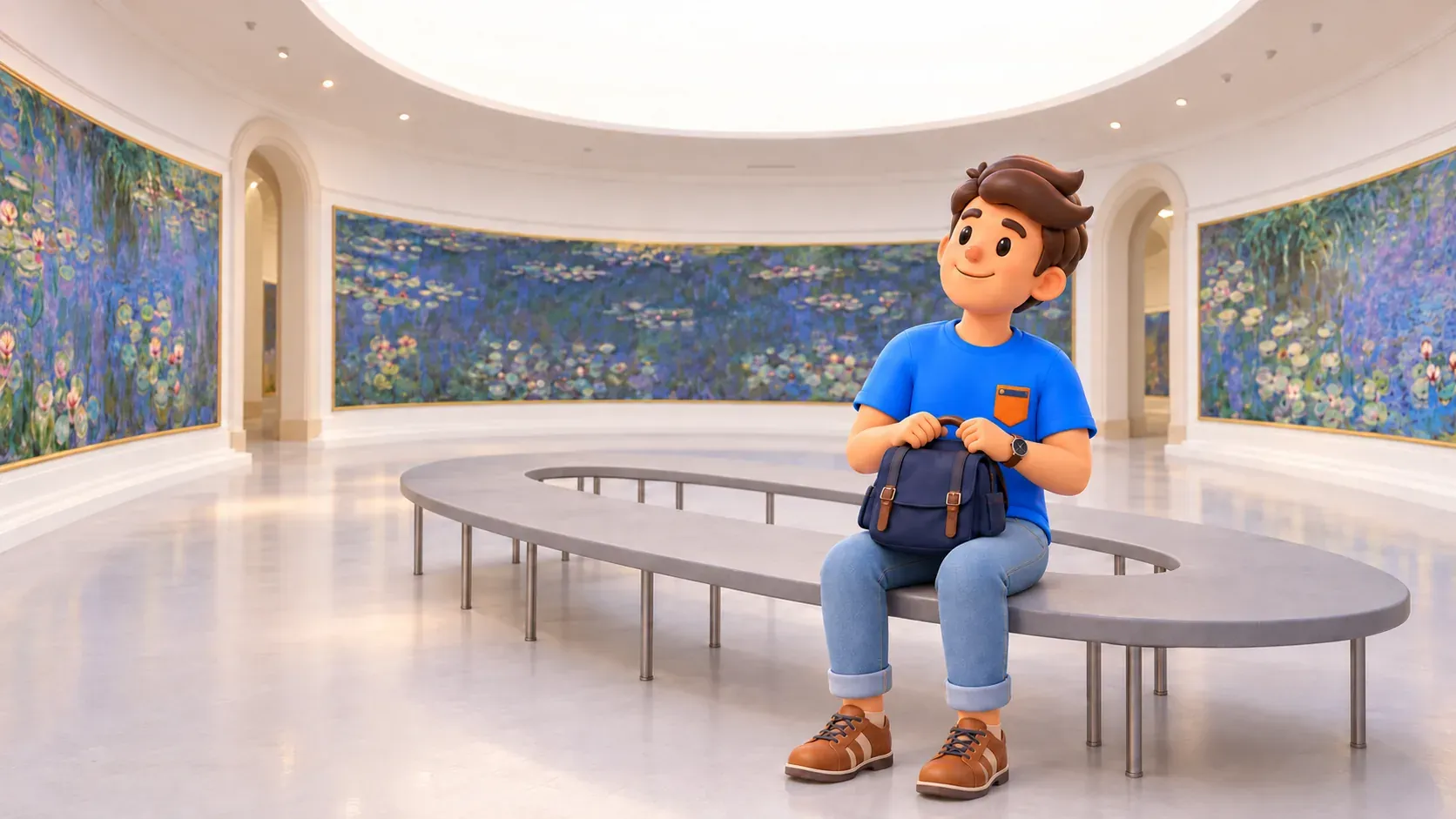 Mascot seated on an oval bench with his backpack on his lap in the Water Lilies room