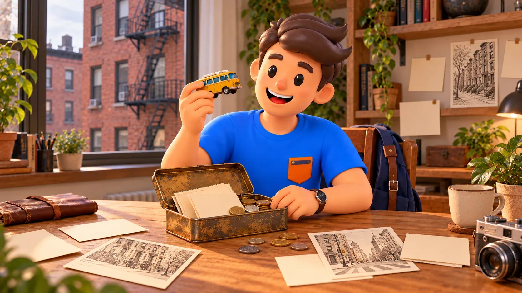Conceptual illustration of a traveler with his own toy van and keepsake box, not a real museum interior.