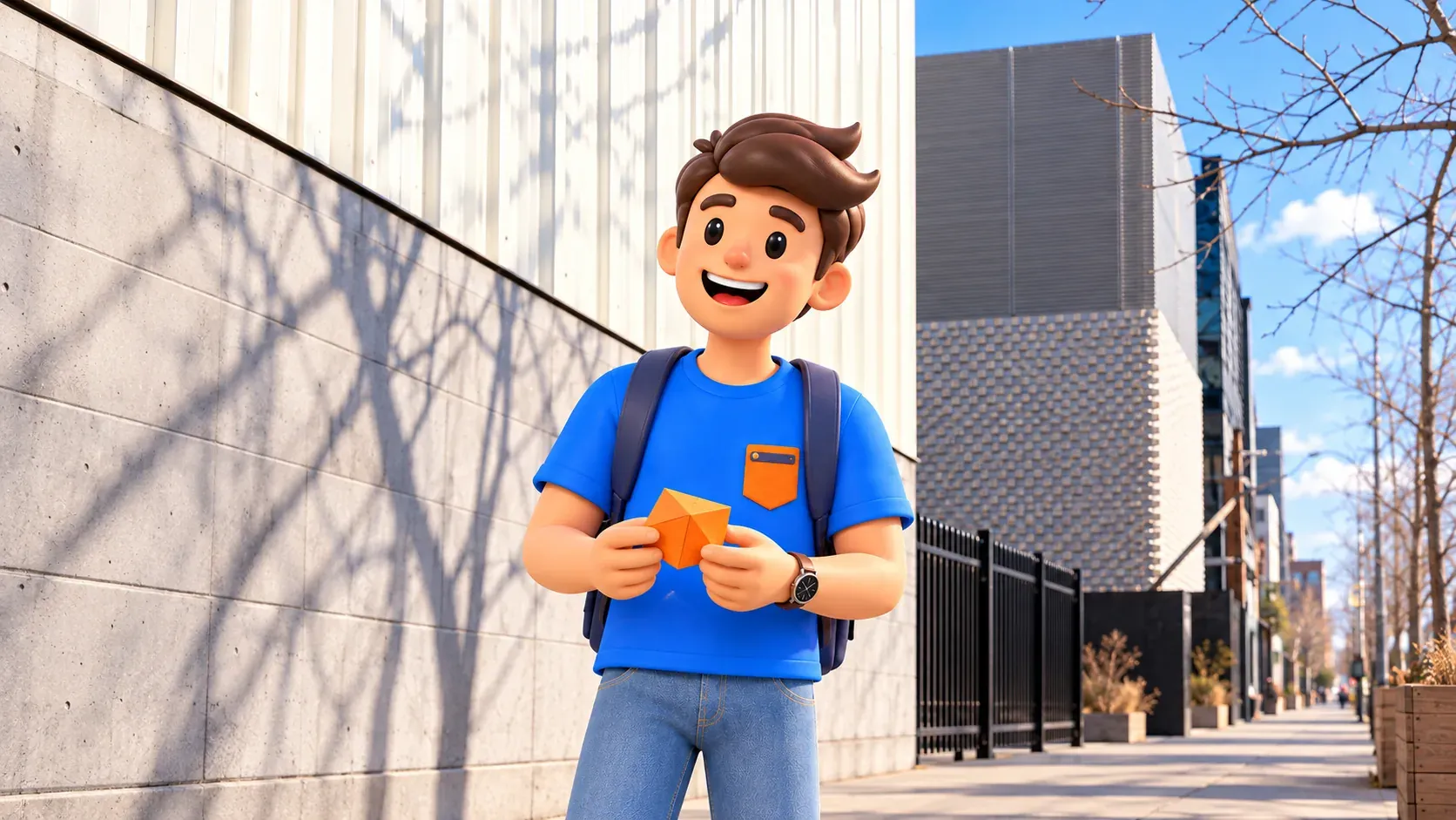 Illustration of a traveler holding his own orange paper form outside Amant.