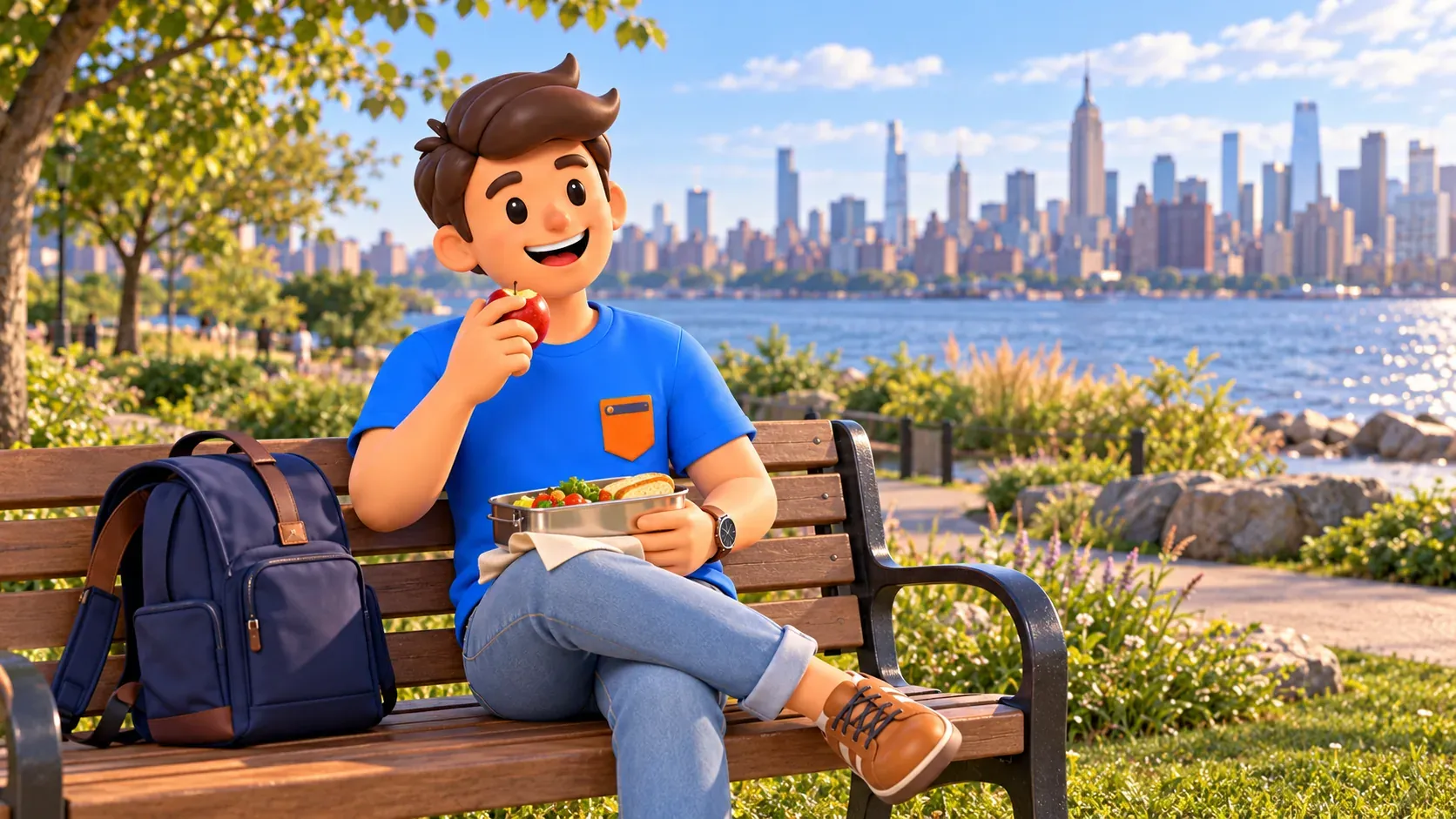 Illustration of a traveler with his own lunch on a park bench by the East River, with Manhattan across the water.
