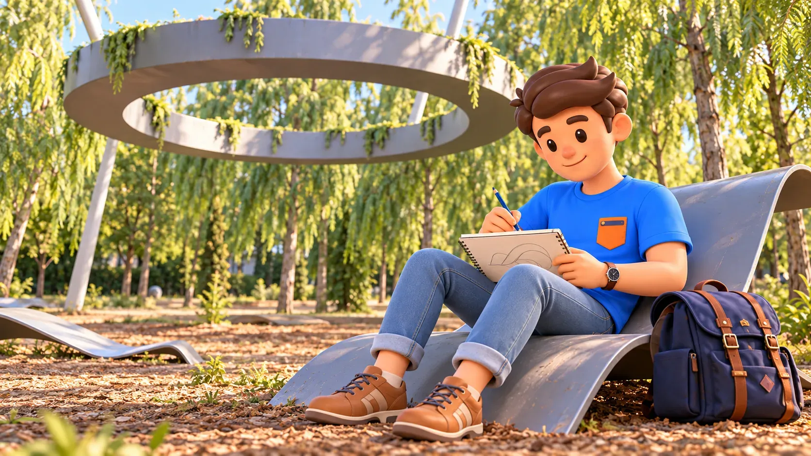 Ilustración de un viajero dibujando en un asiento metálico curvo entre los árboles del parque de Nouvel.