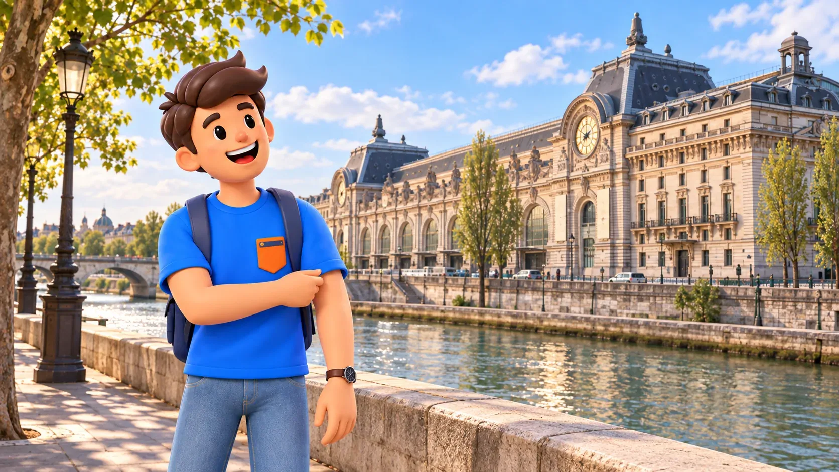 Mascot adjusting his left sleeve while looking at the Orsay façade across the Seine