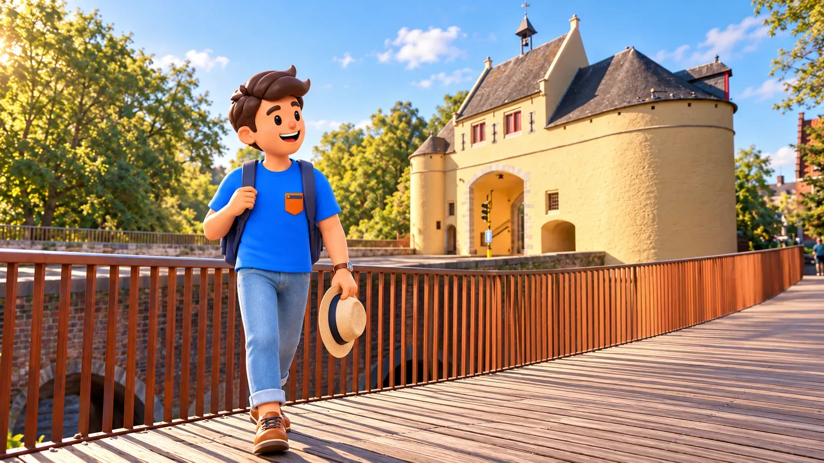 Character holding a sunhat while walking on the footbridge beside yellow Smedenpoort