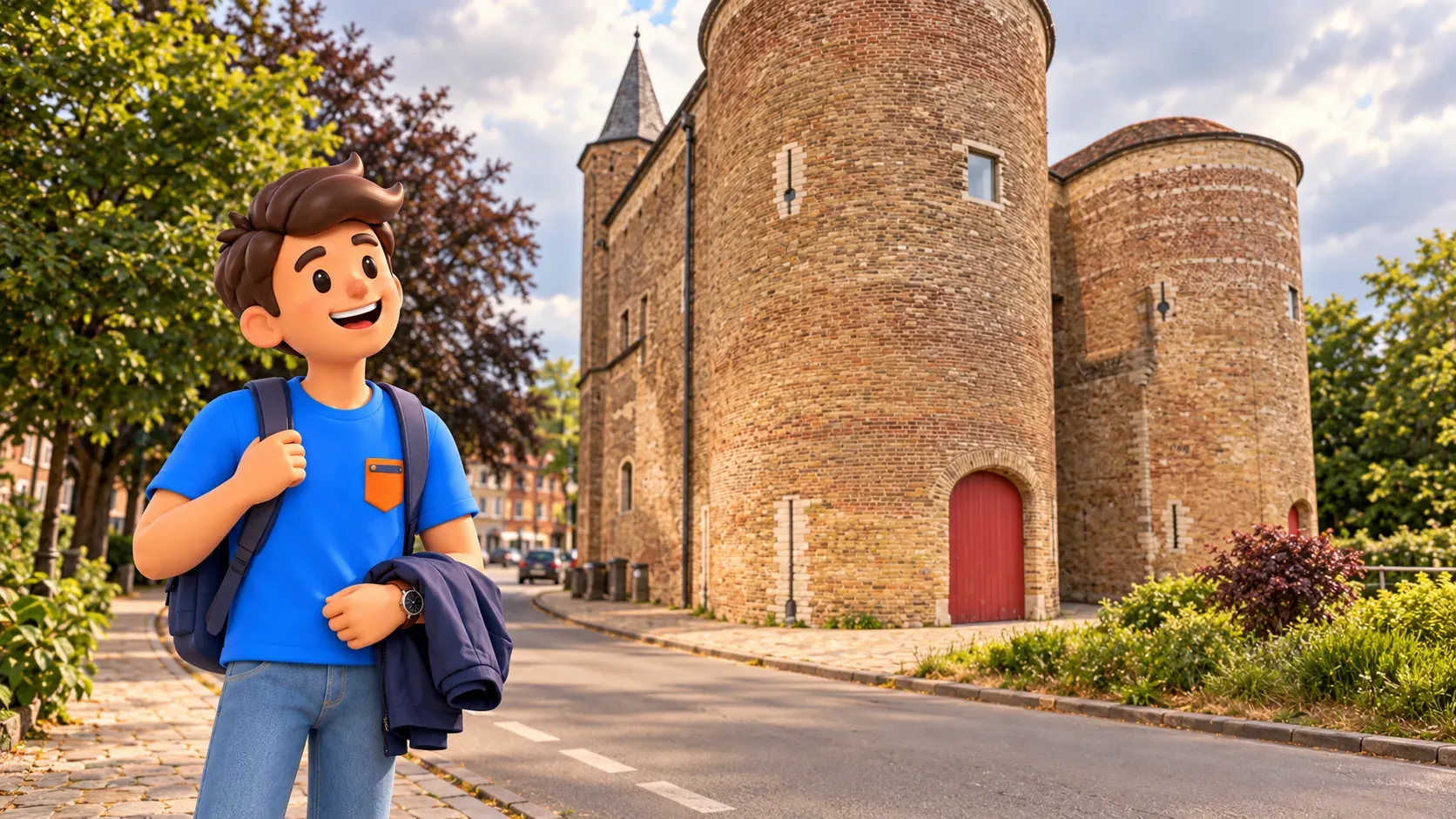 Character carrying a jacket on his arm on the pavement beside Gentpoort’s brick towers