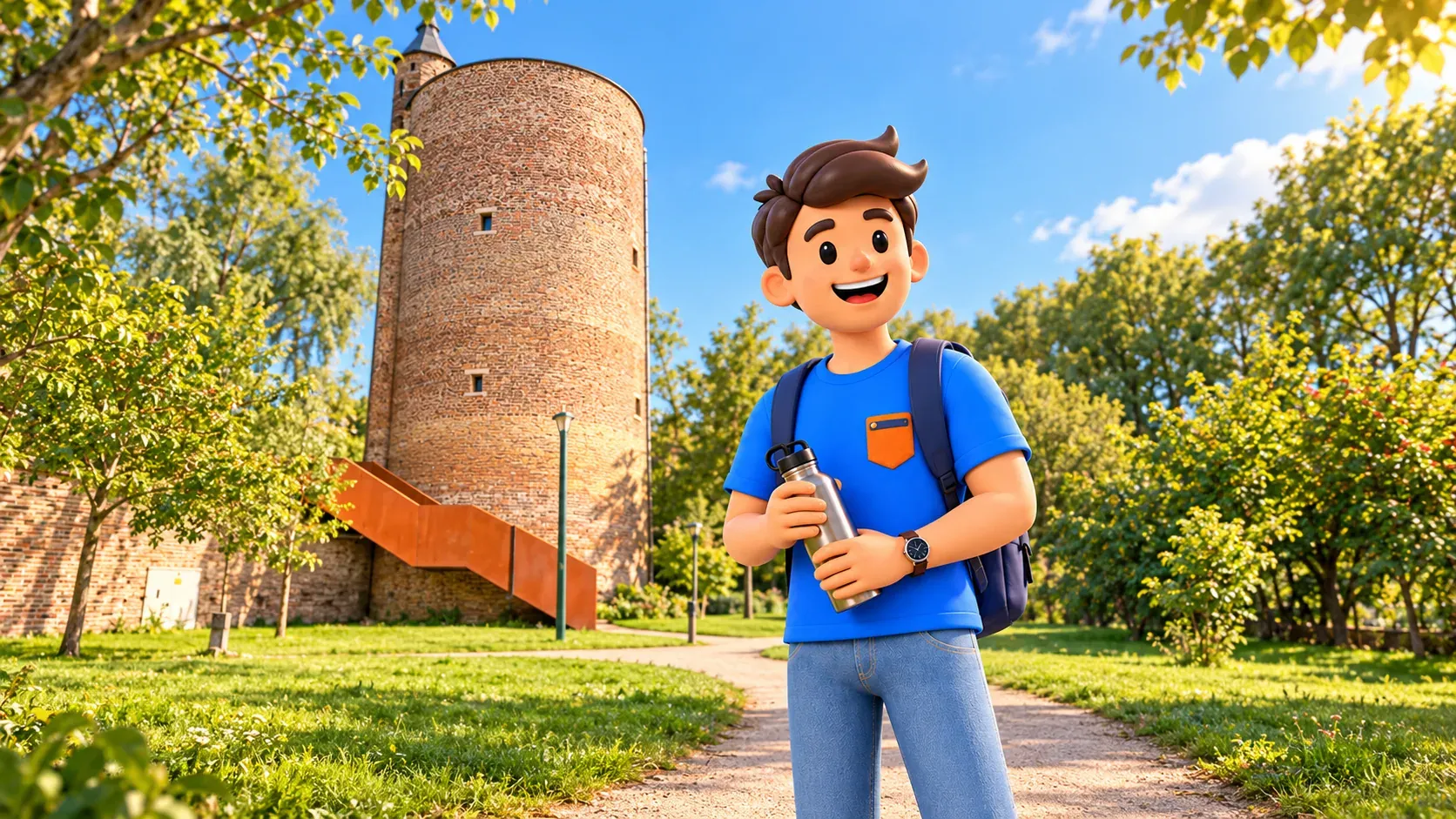 Character holding a closed water bottle on a path by the Gunpowder Tower and its metal stair