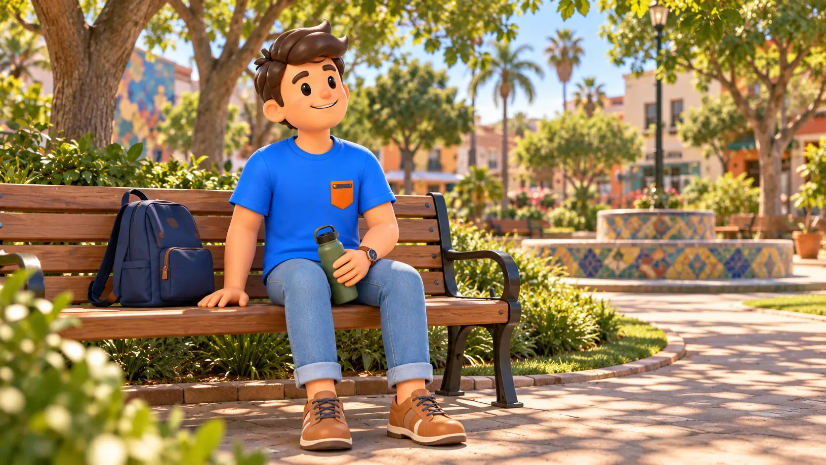 Un voyageur avec une gourde se repose sur un banc dans un petit parc urbain.