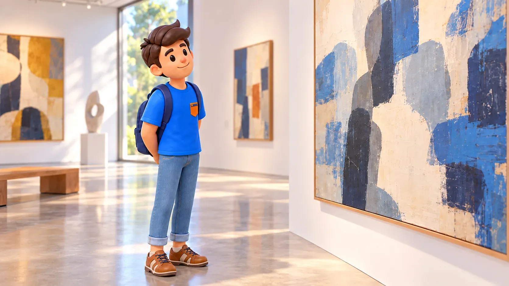 Un voyageur aux mains jointes dans le dos regarde une peinture abstraite.