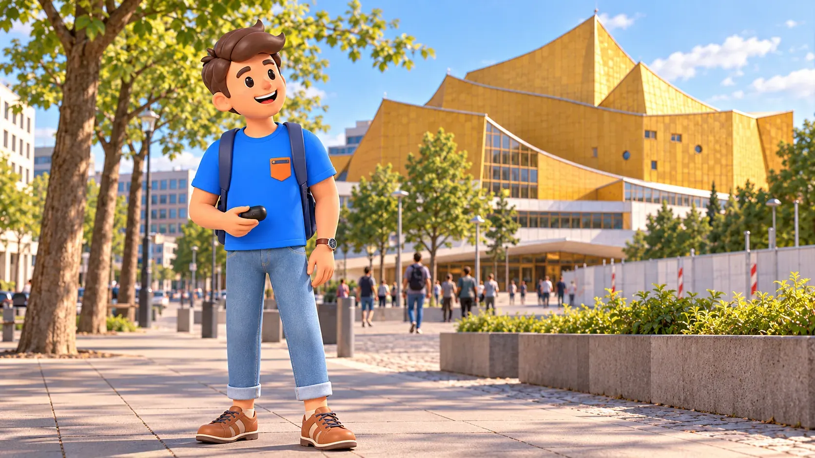 Illustration d’un voyageur avec un étui d’écouteurs devant un bâtiment jaune au toit anguleux.
