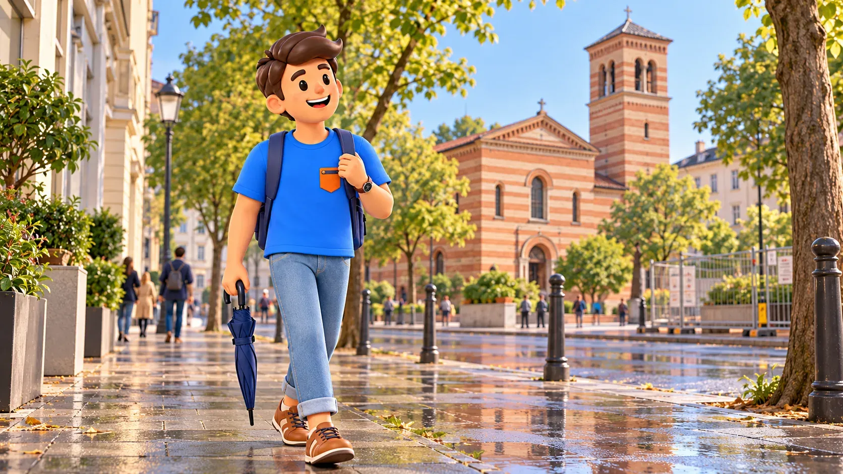 Illustration d’un voyageur avec un parapluie fermé près d’une église en briques à bandes.