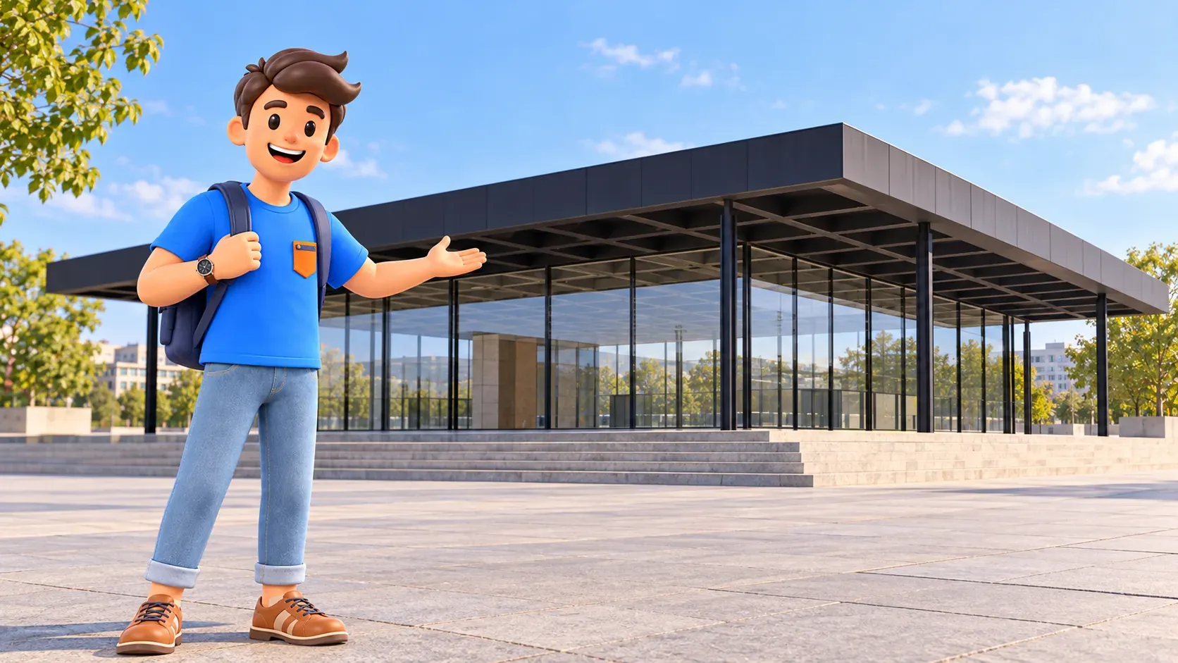 Illustration d’un voyageur montrant un pavillon vitré bas sous un large toit plat.