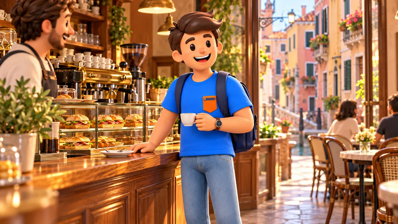 Illustration conceptuelle d’une pause café au comptoir d’un établissement vénitien non nommé