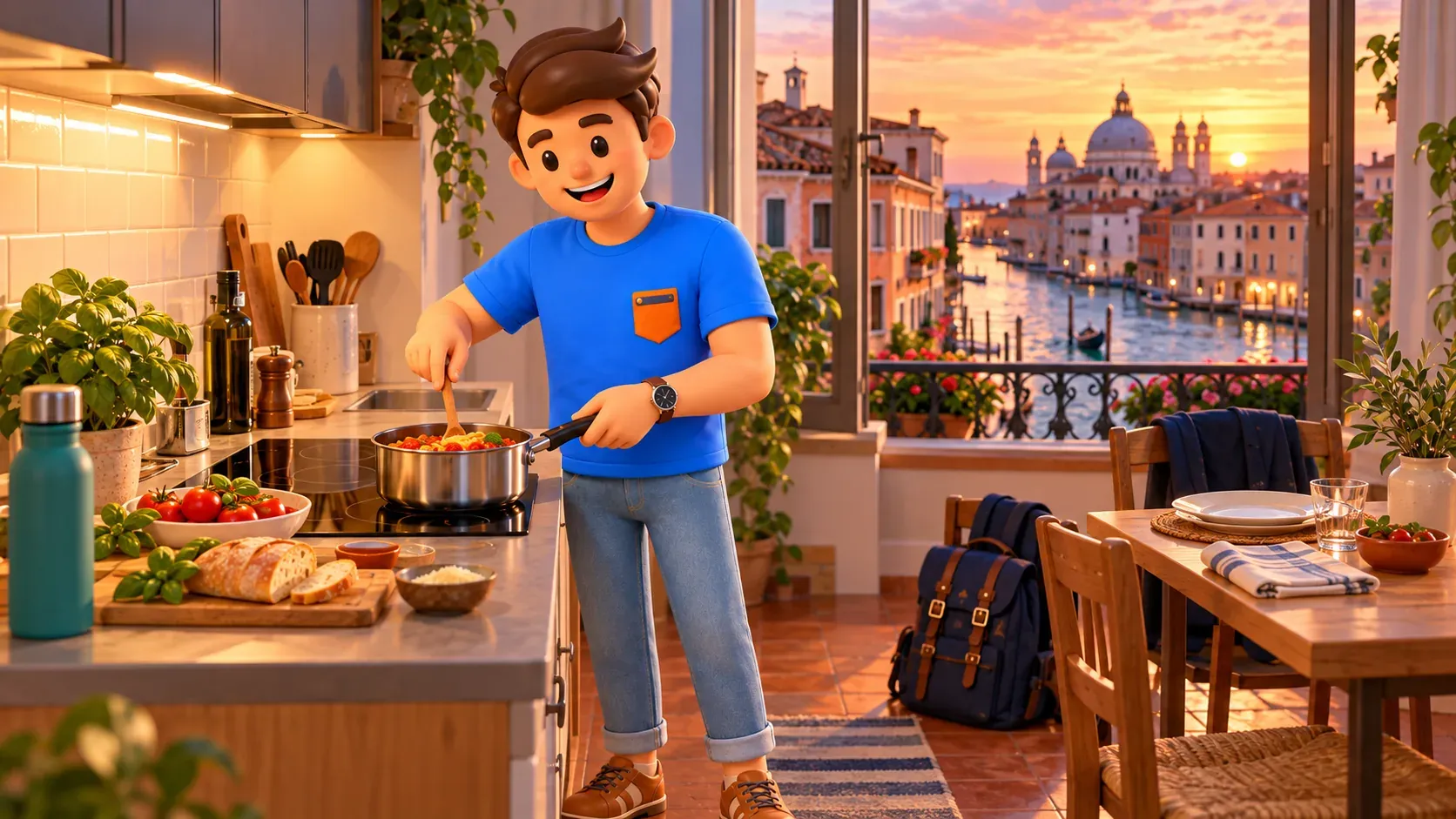 Illustration conceptuelle de la préparation de son repas dans la cuisine du logement après une balade