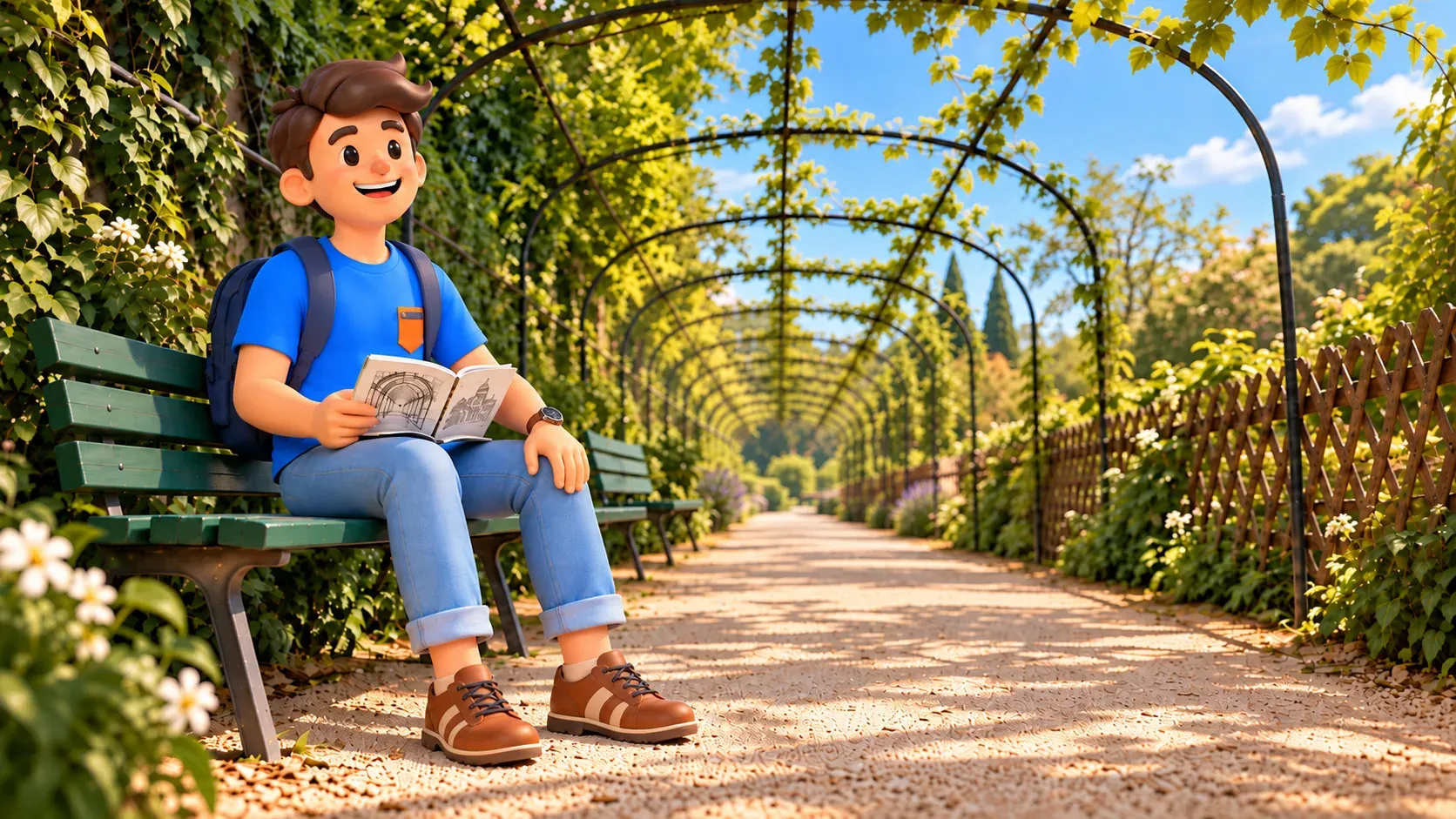 Un voyageur fait une pause avec un livre ouvert sur un banc vert sous la pergola du jardin Catherine-Labouré.