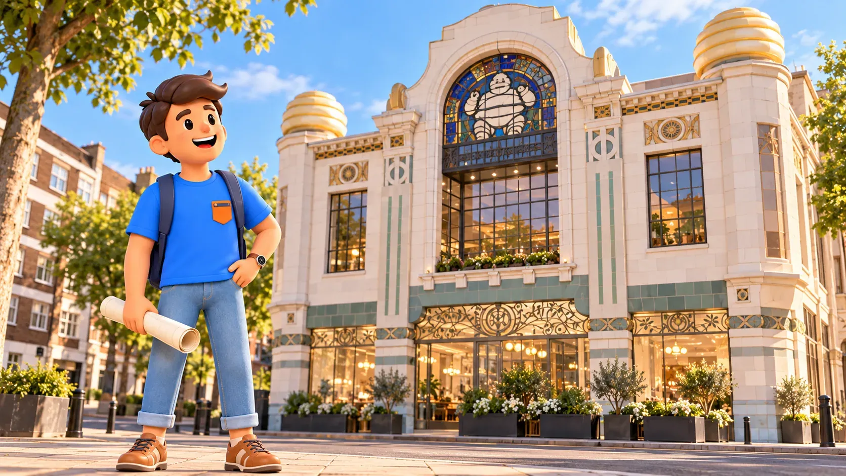 Reisender mit gerolltem Blatt betrachtet Buntglas und Kuppeln von Michelin House