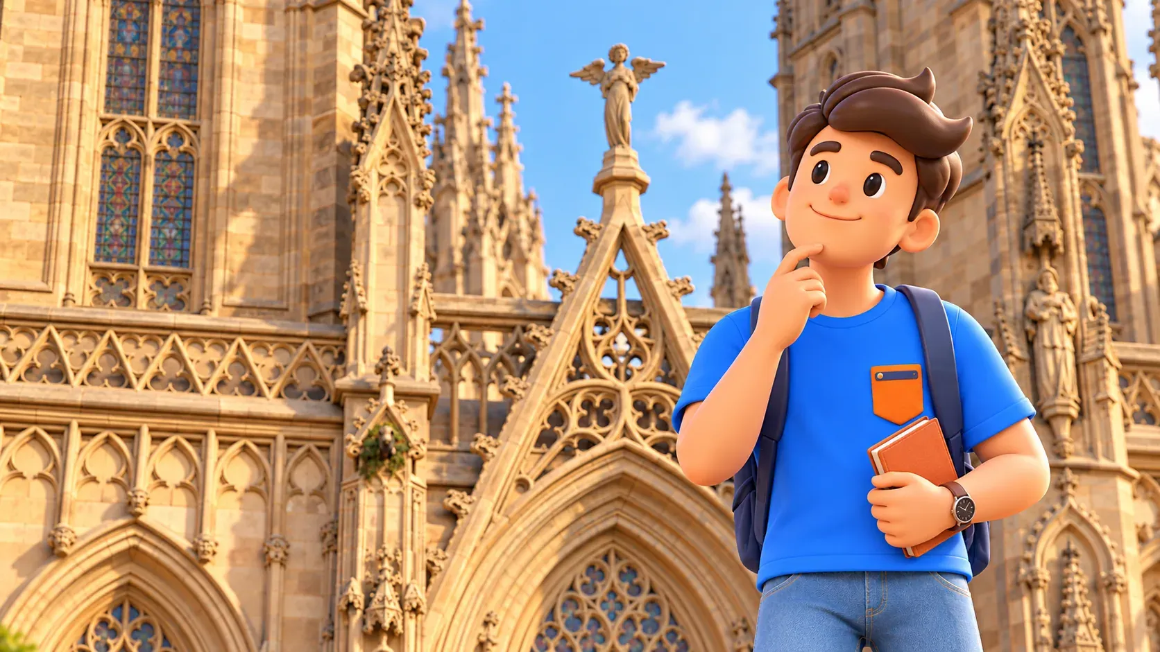 Illustration d’un voyageur avec un guide fermé devant les détails néogothiques de la cathédrale.