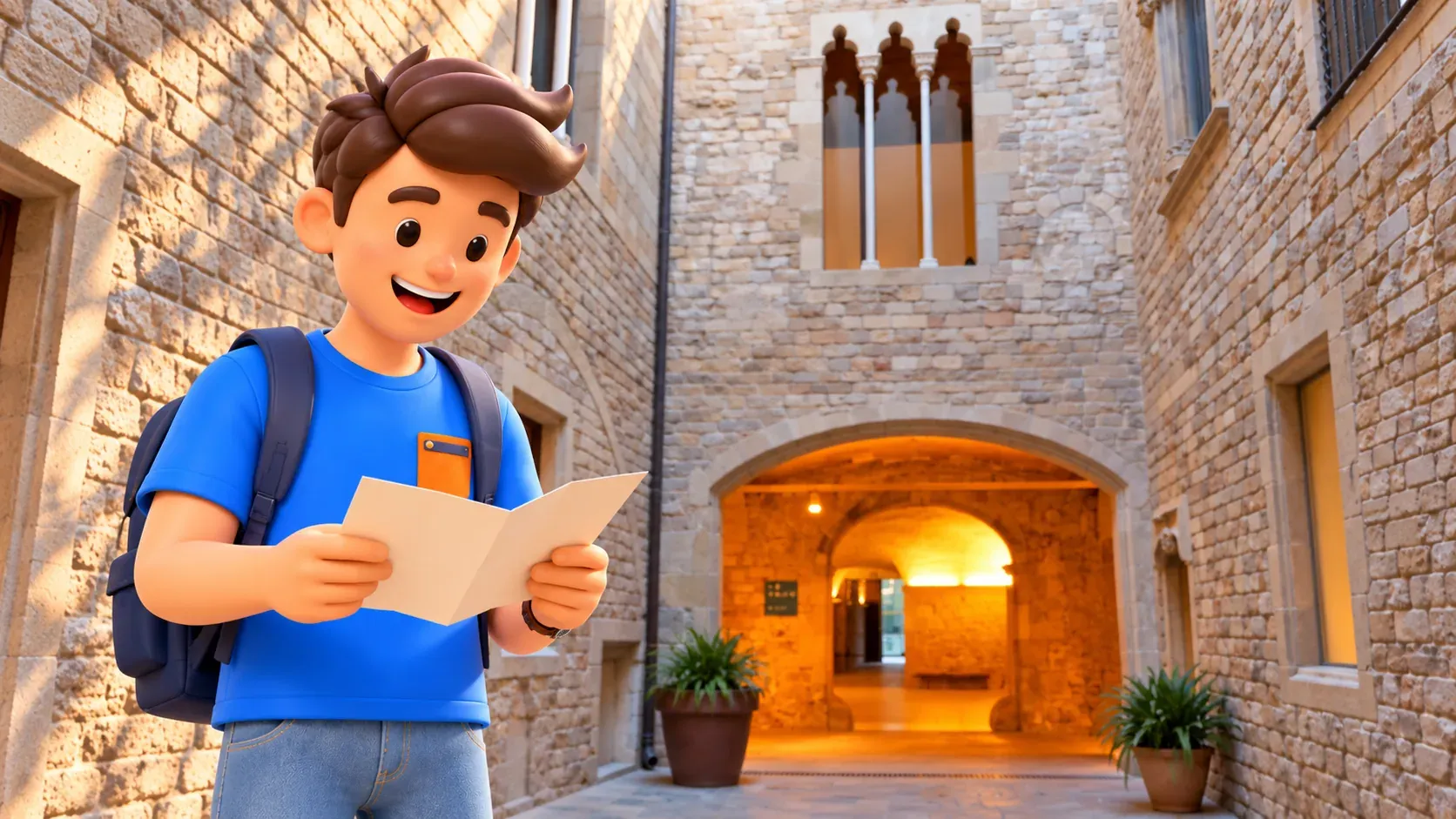 Illustration d’un voyageur lisant un dépliant dans une cour de pierre du musée Picasso, sous une fenêtre gothique triple.
