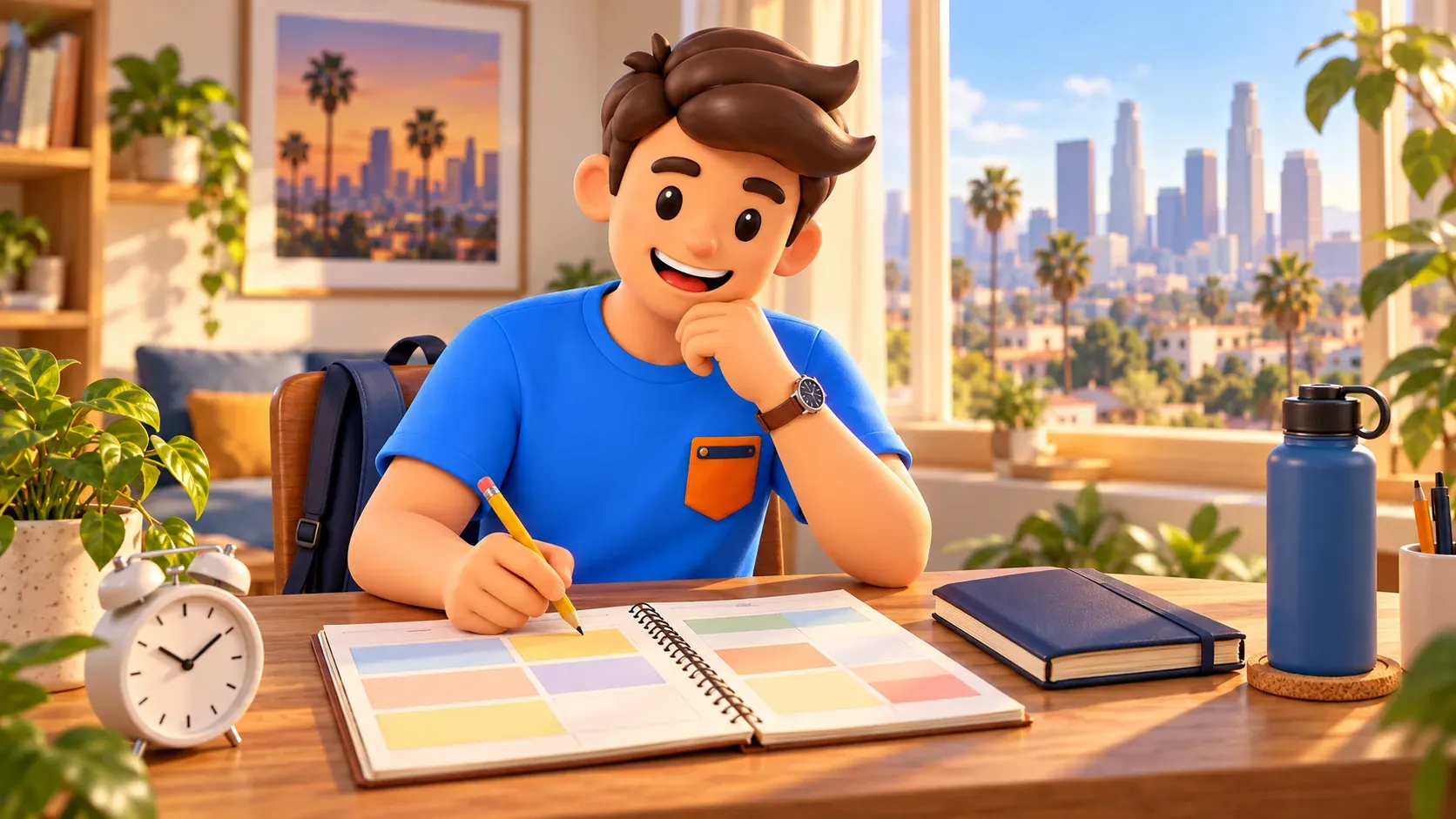 Traveler planning a visit with a calendar in his own room