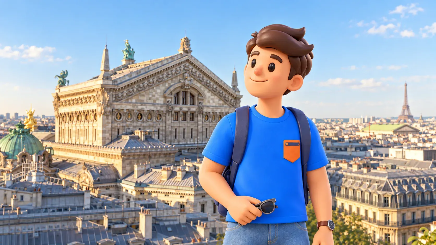 Персонаж со сложенными очками на фоне Оперы Гарнье в панораме Galeries Lafayette
