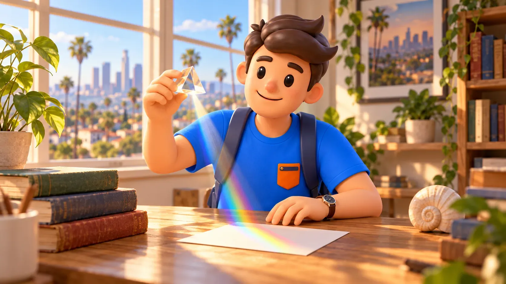 Traveler examining a glass object and refracted light in his own room
