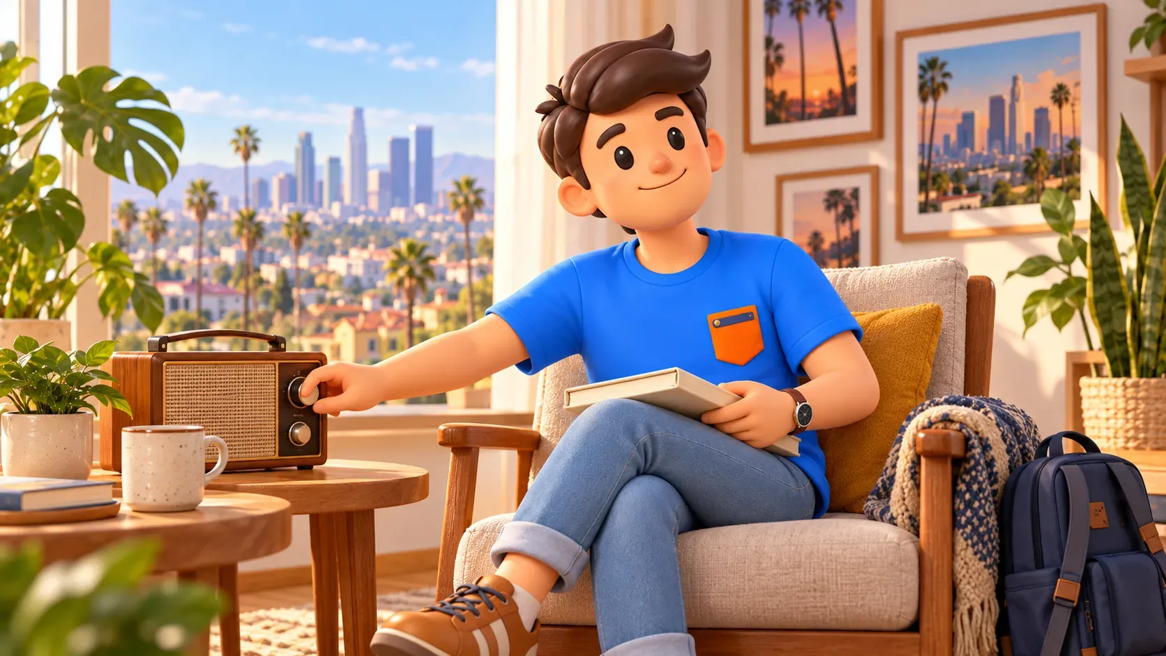 Traveler listening to an old radio with a photo album on his lap