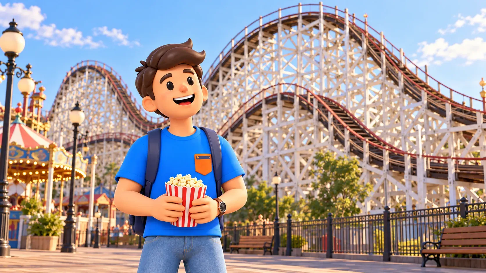 Traveler holding popcorn beside stylized wooden supports of the Cyclone roller coaster.