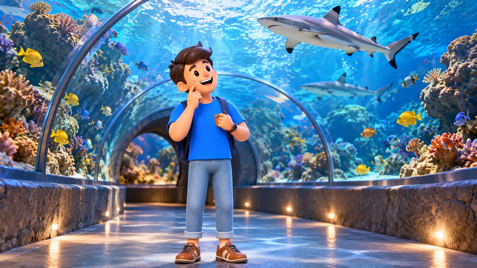 Traveler watching sharks and fish through a transparent tunnel in a scene inspired by Ocean Wonders: Sharks!