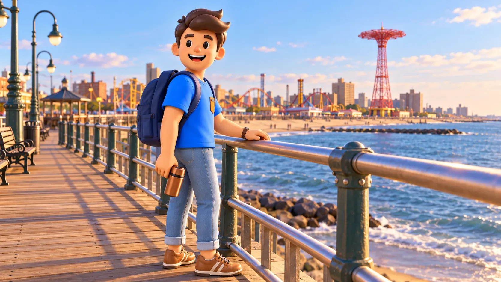 Traveler carrying a thermos by a pier railing with a stylized Parachute Jump tower and Coney Island shore behind.