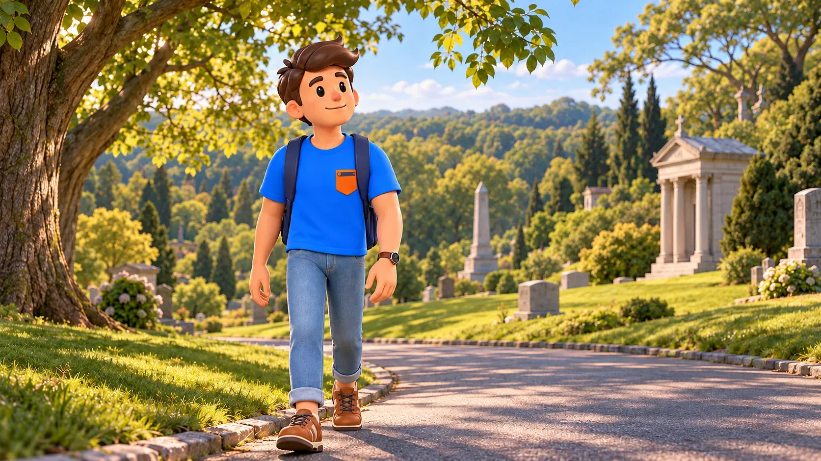 The mascot walks quietly along a road among trees and memorials