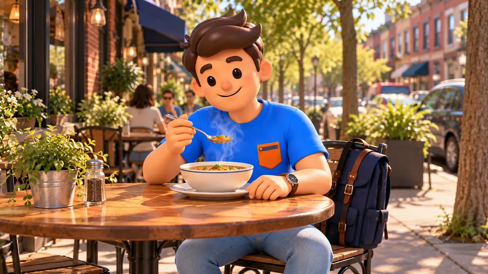 The mascot has lunch at a neighbourhood café after leaving the cemetery