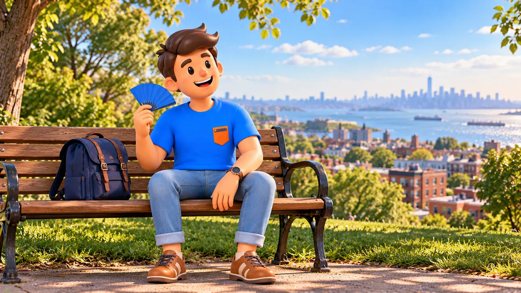 The mascot rests with a fan on a bench overlooking a distant skyline