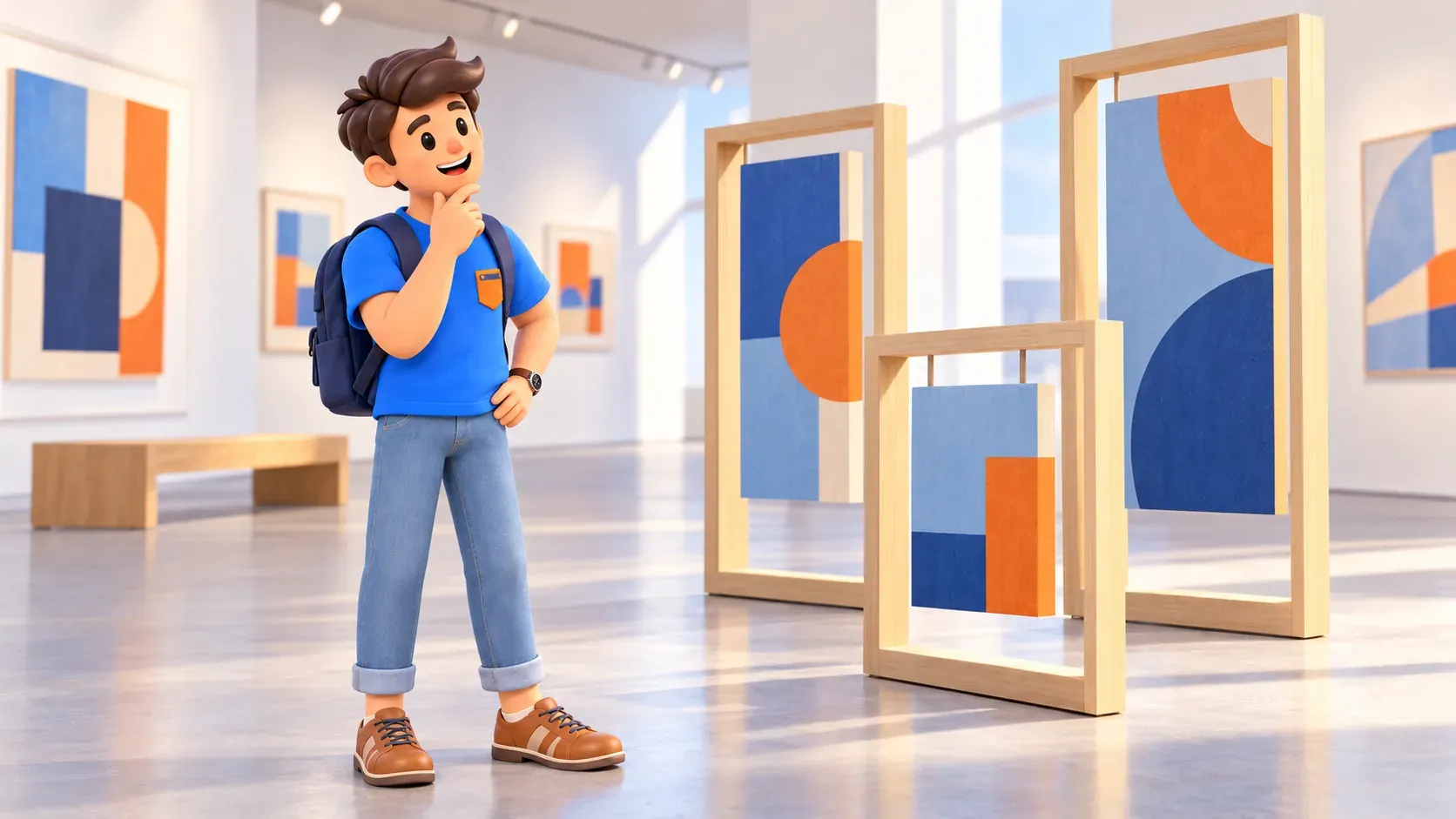 Illustration of a traveller considering an imagined geometric installation in a bright gallery.