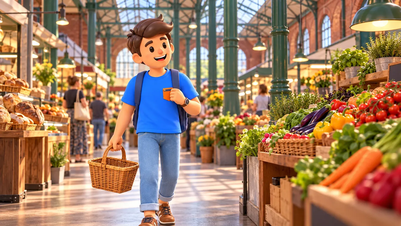 Illustration of a traveller carrying a woven basket between bread and vegetable stalls in a market hall.