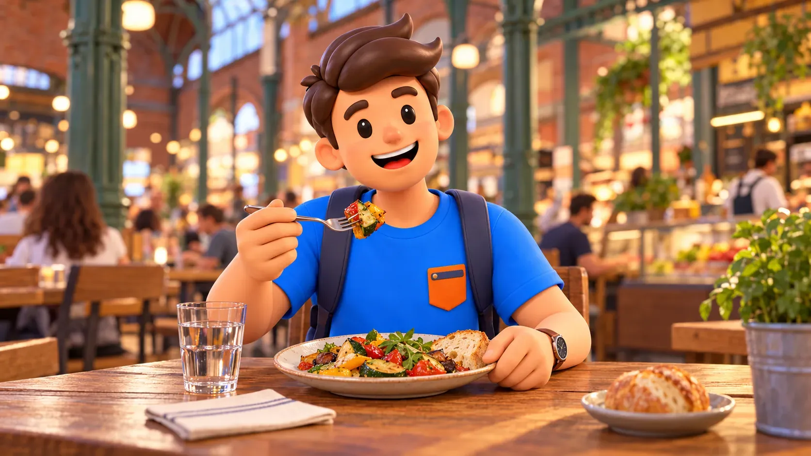 Illustration of a traveller tasting a vegetable dish at a wooden table in a market hall.