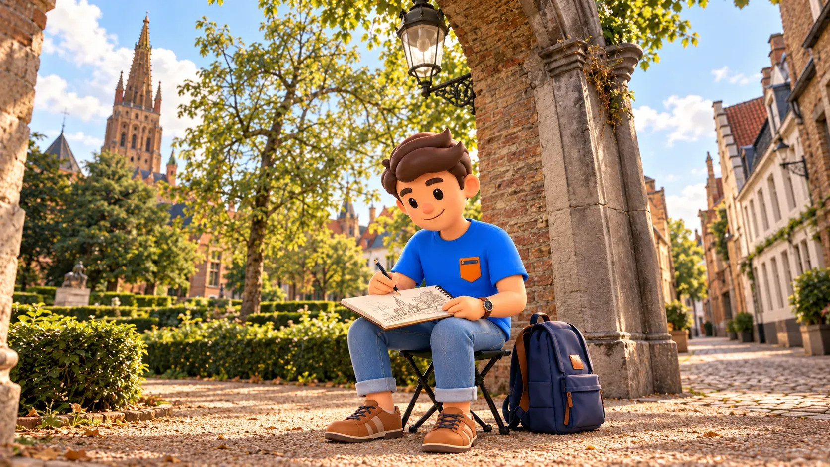 Personnage dessinant dans un carnet sur un siège pliant au jardin Hof Arents
