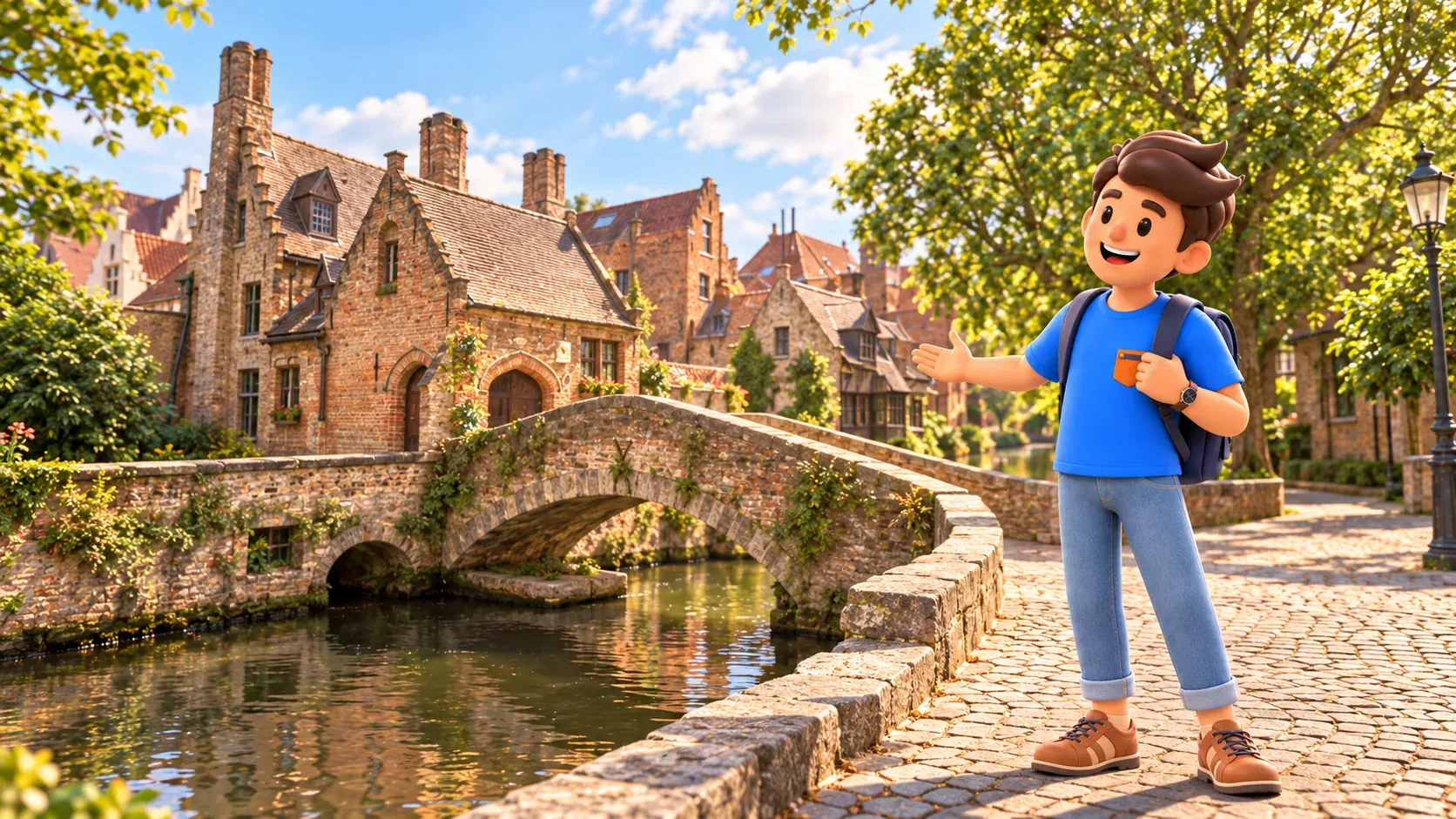 Personnage montrant le petit pont Boniface en pierre depuis un accès public