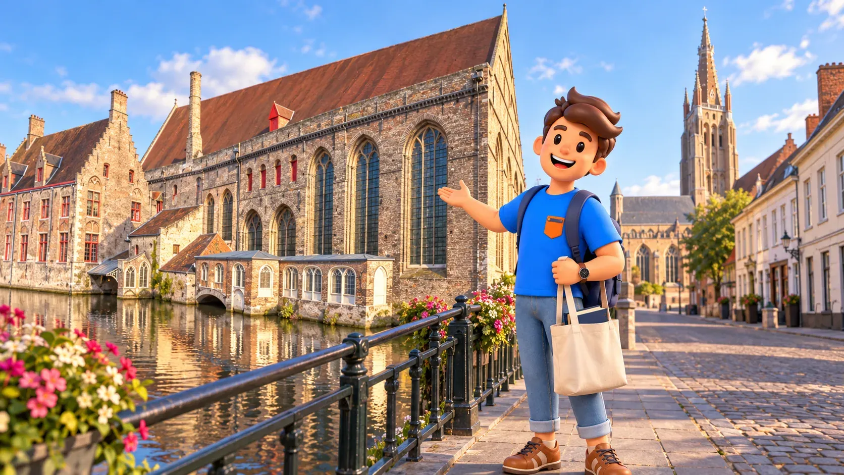 Personnage avec un sac en toile et un livre près du canal devant l’Hôpital Saint-Jean