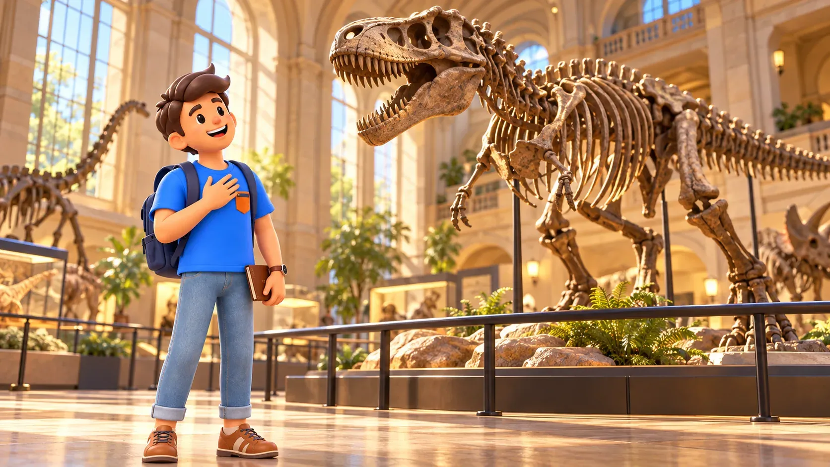 Un voyageur émerveillé avec un carnet regarde un squelette de dinosaure derrière une barrière.