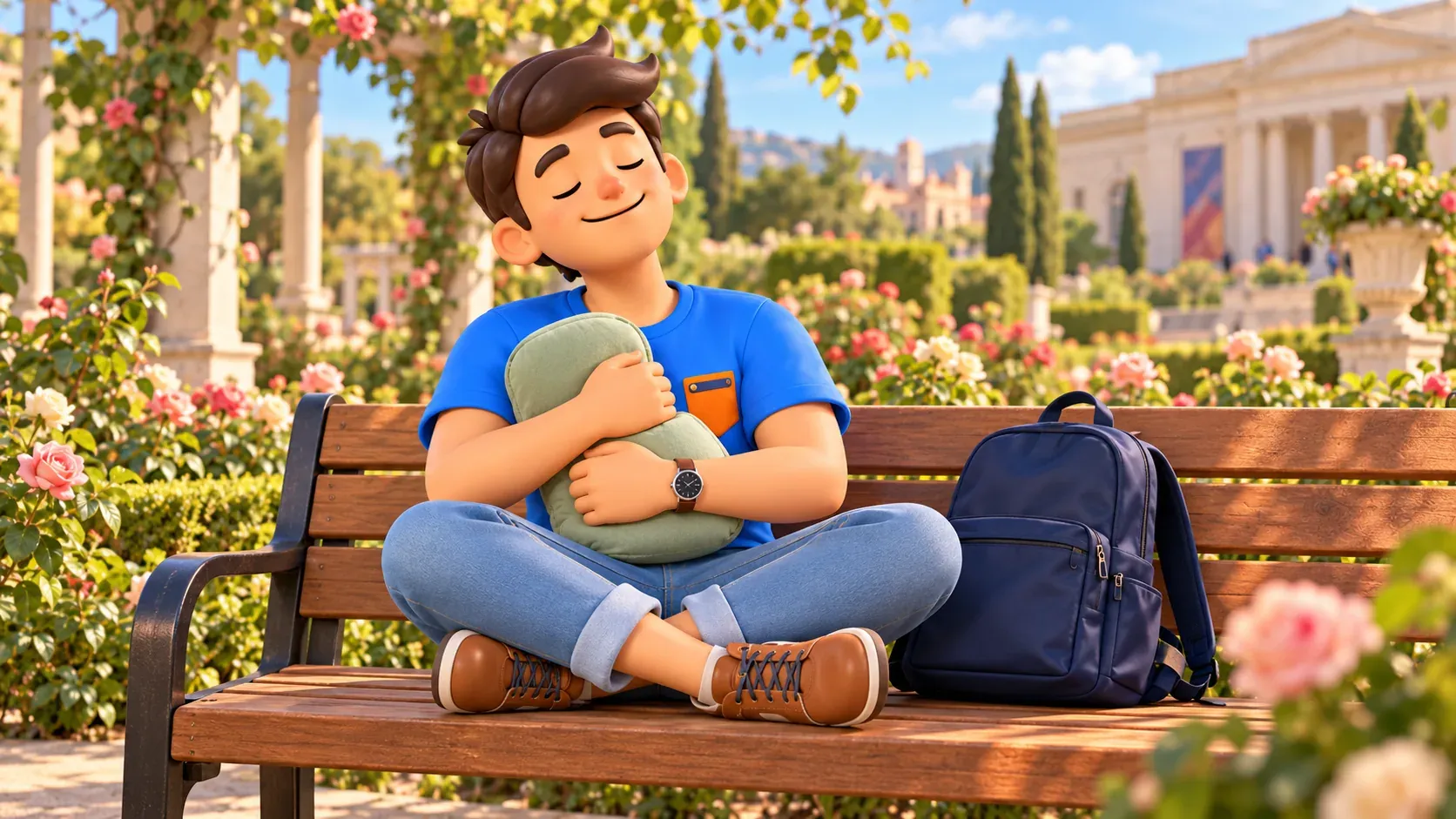 Un voyageur avec un coussin se repose sur un banc près des rosiers.