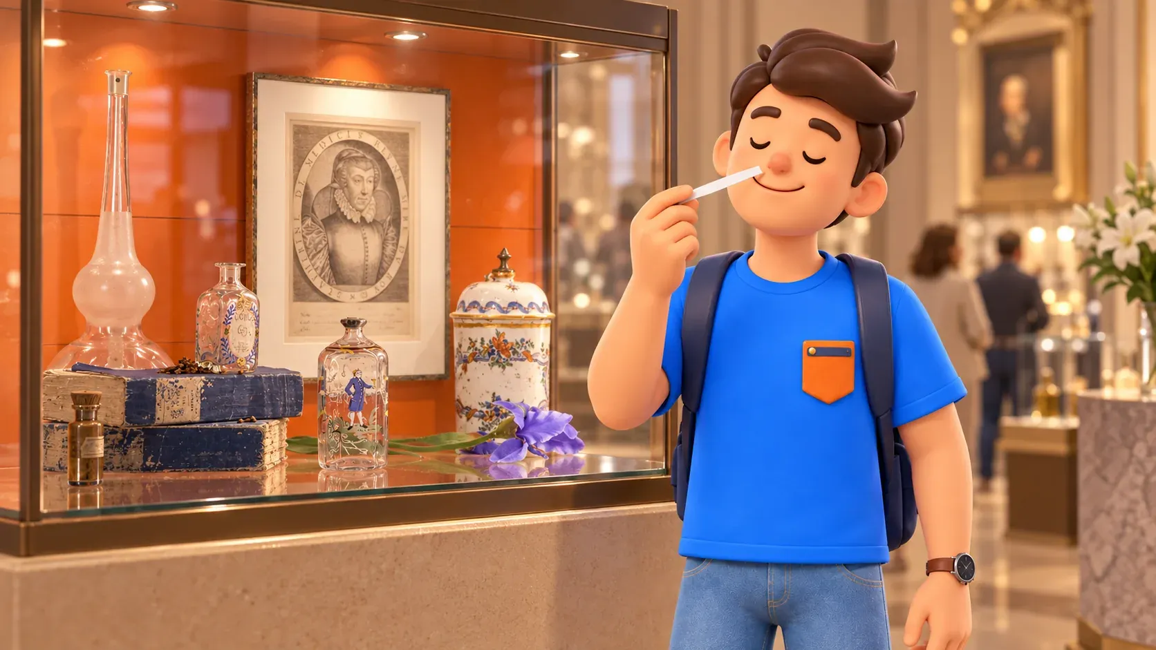 RoadMe character smelling his own perfume test strip beside an antique-bottle display at Fragonard.