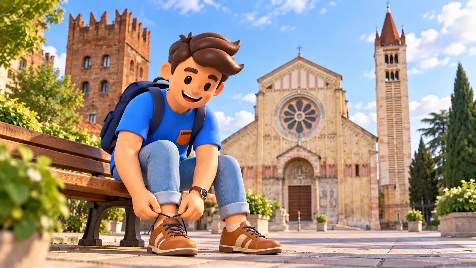 Viajero atándose los cordones en un banco ante la basílica de San Zeno