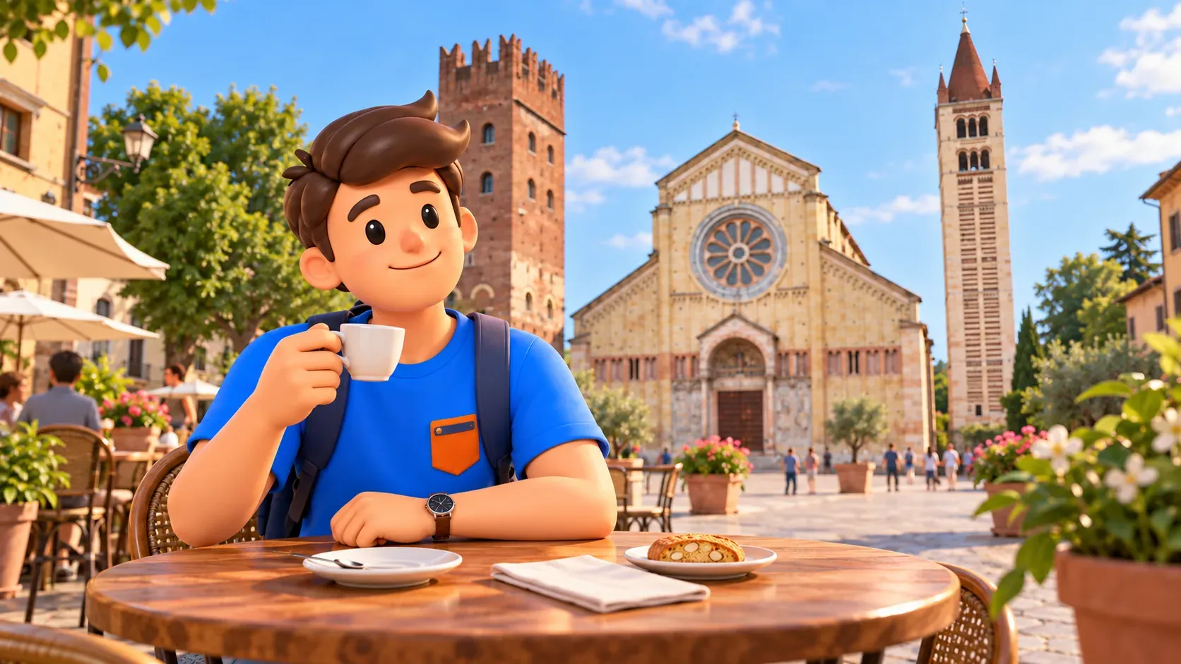 Personaje tomando café en una terraza de Piazza San Zeno
