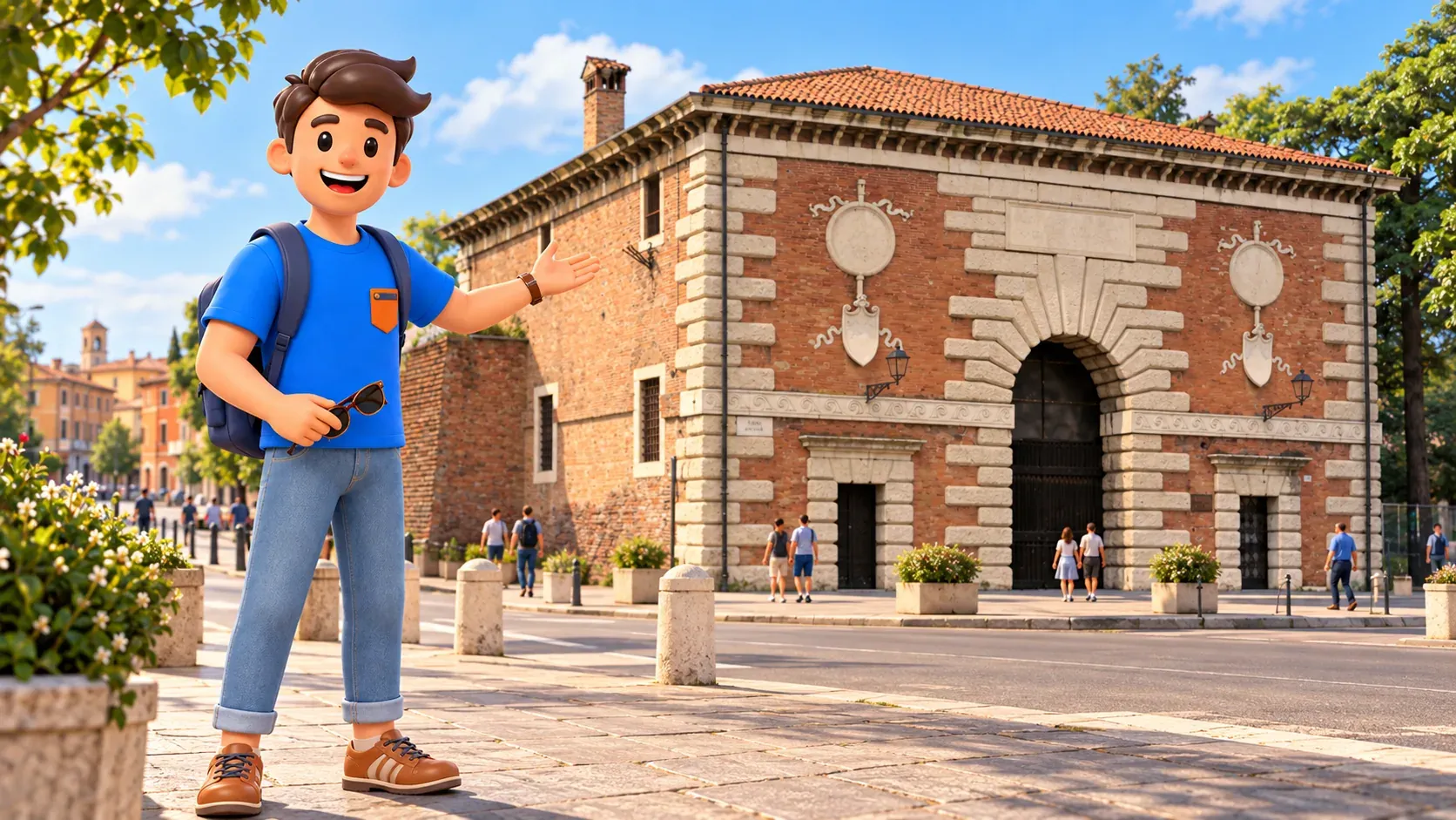Viajero con gafas de sol en la mano señalando Porta San Zeno