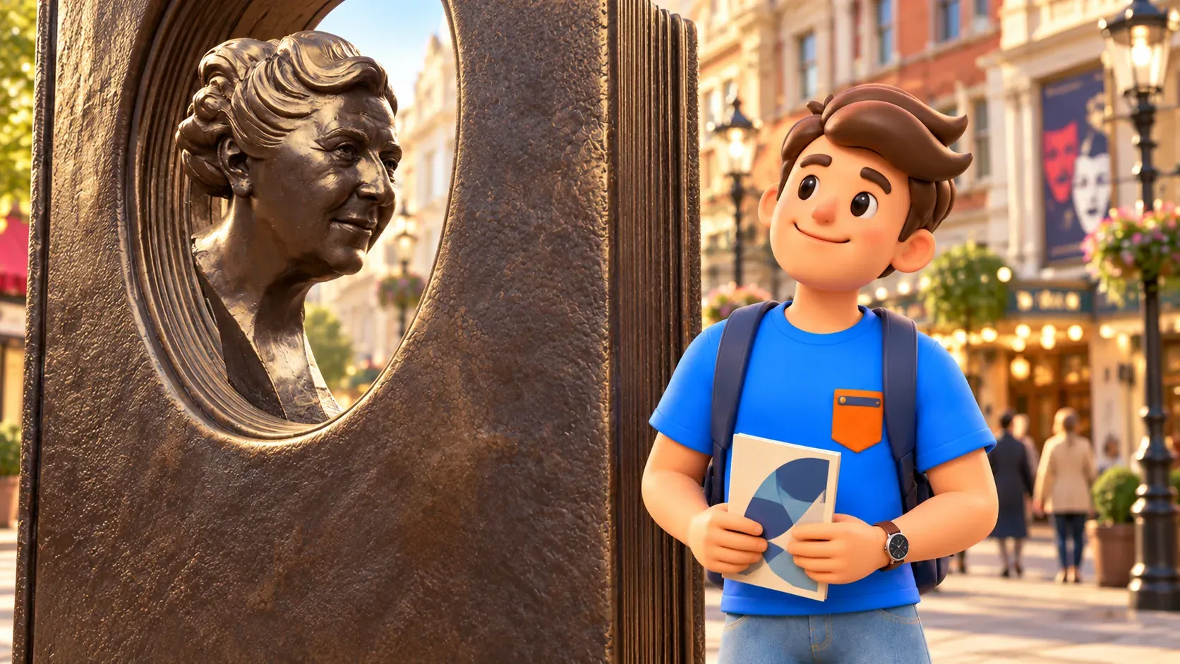 Viajero con un programa mirando el busto de Agatha Christie dentro de un libro de bronce