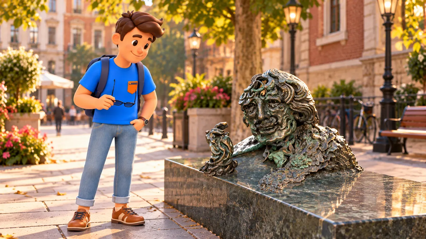 Viajero observando el retrato de bronce de Wilde en su monumento de granito