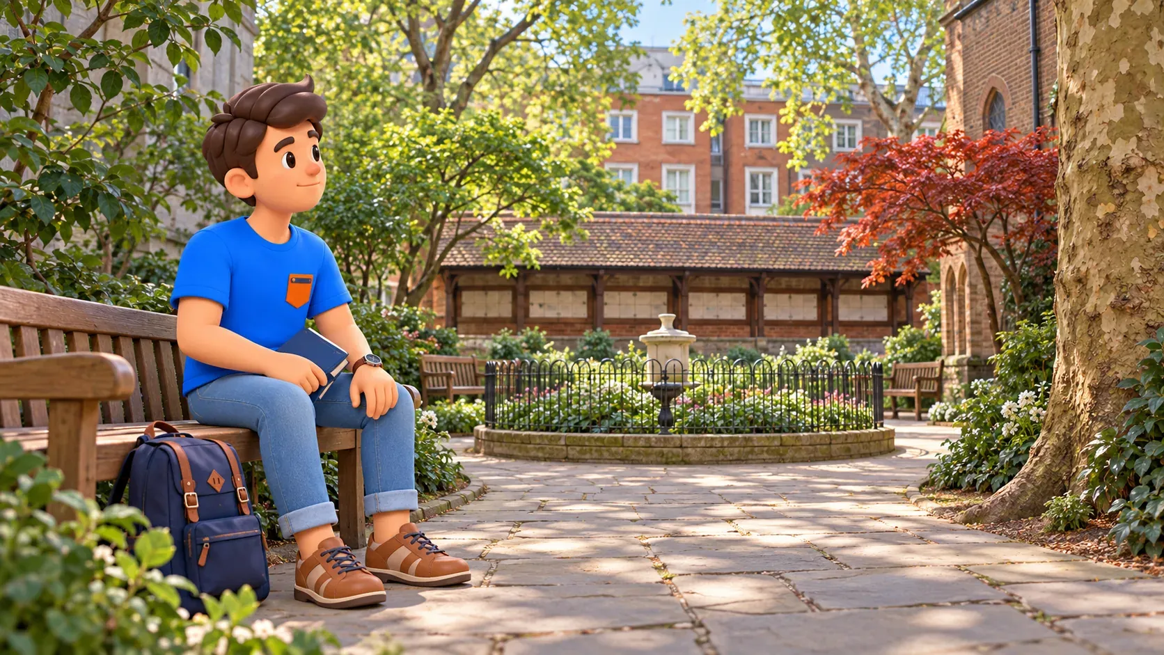 Viajero sentado con tranquilidad en Postman’s Park frente al cobertizo de placas conmemorativas