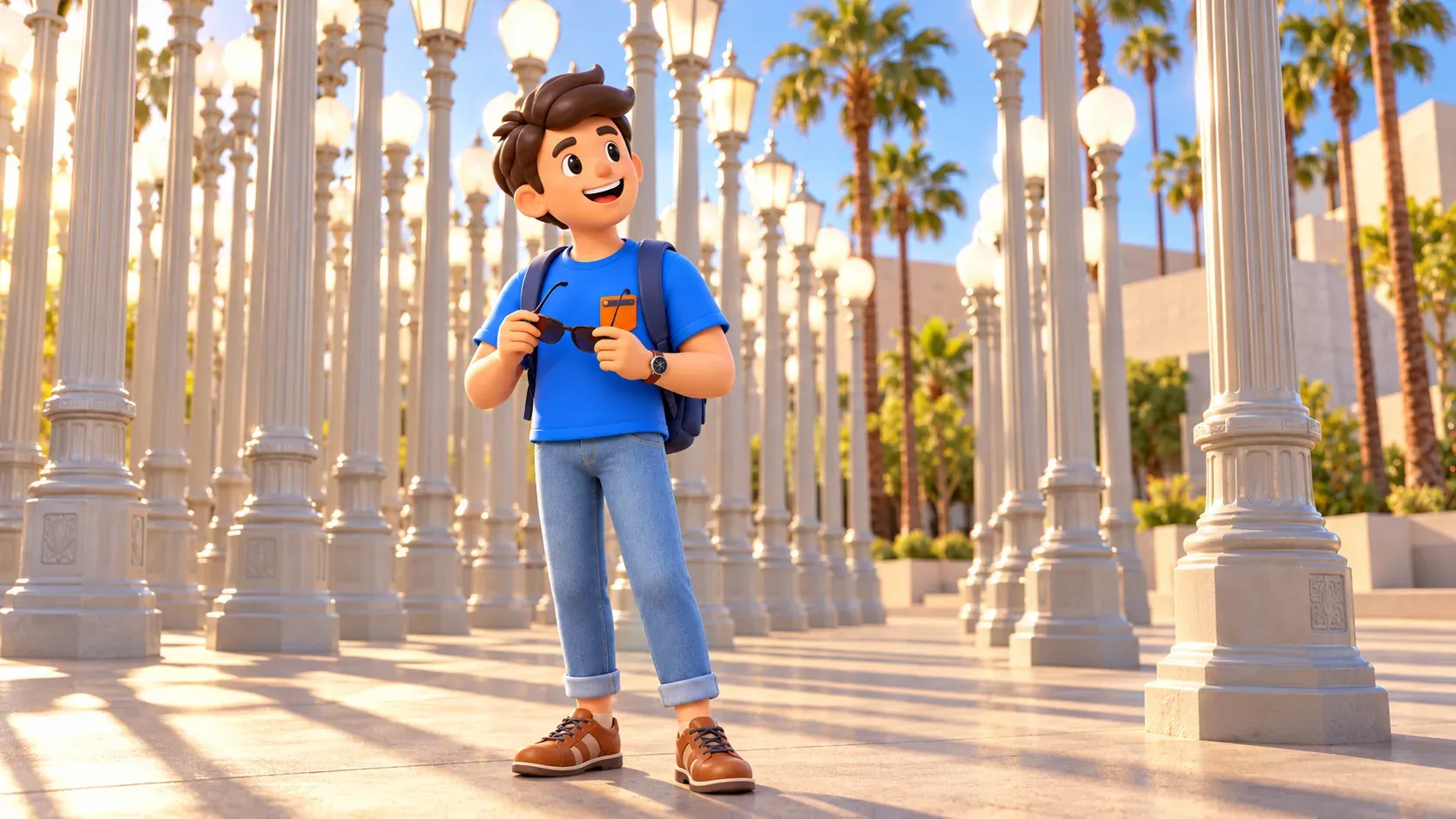 The traveler holds sunglasses while observing stylised rows of Urban Light lamps.