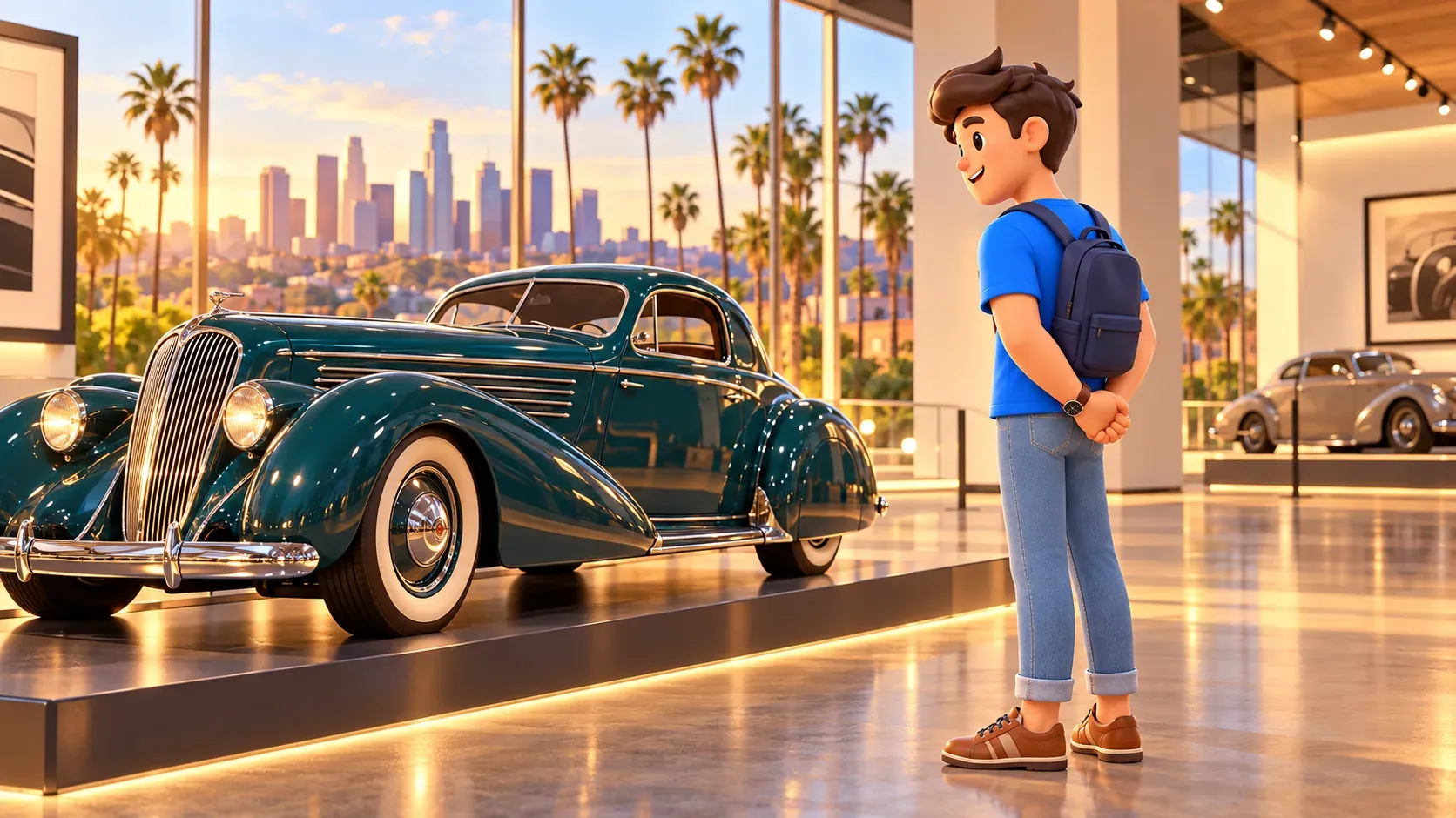 The traveler observes an original illustrative vintage car in a hypothetical gallery without touching it.