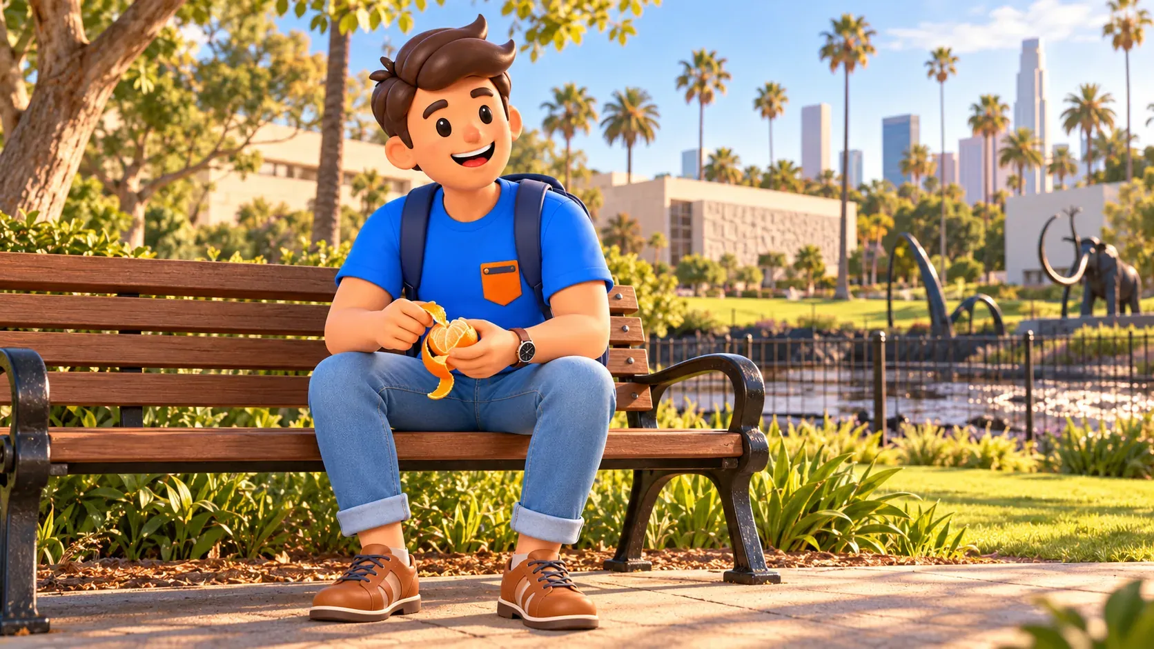 The traveler rests with an orange on a bench in a stylised park beside a fenced pond.