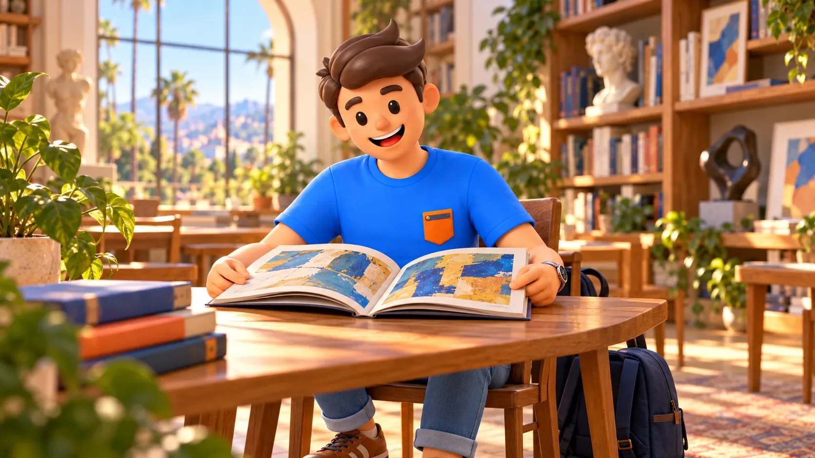 Traveler looking through an art book at a library table